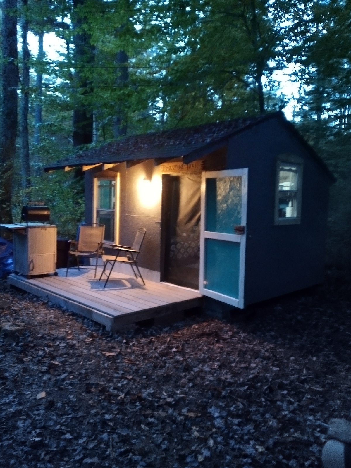 A cozy cabin exterior is softly illuminated by an outdoor light in the evening. A wooden deck features two folding chairs, while a small grill stands nearby. Surrounding trees provide a natural backdrop, and fallen leaves cover the ground.