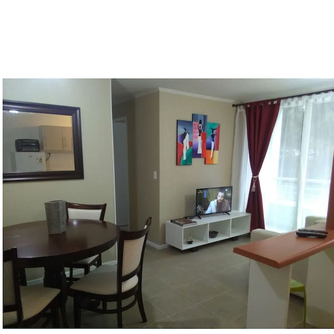 Mesa comedor para 4 personas, televisión con cable y cómodo sillón para el descanso