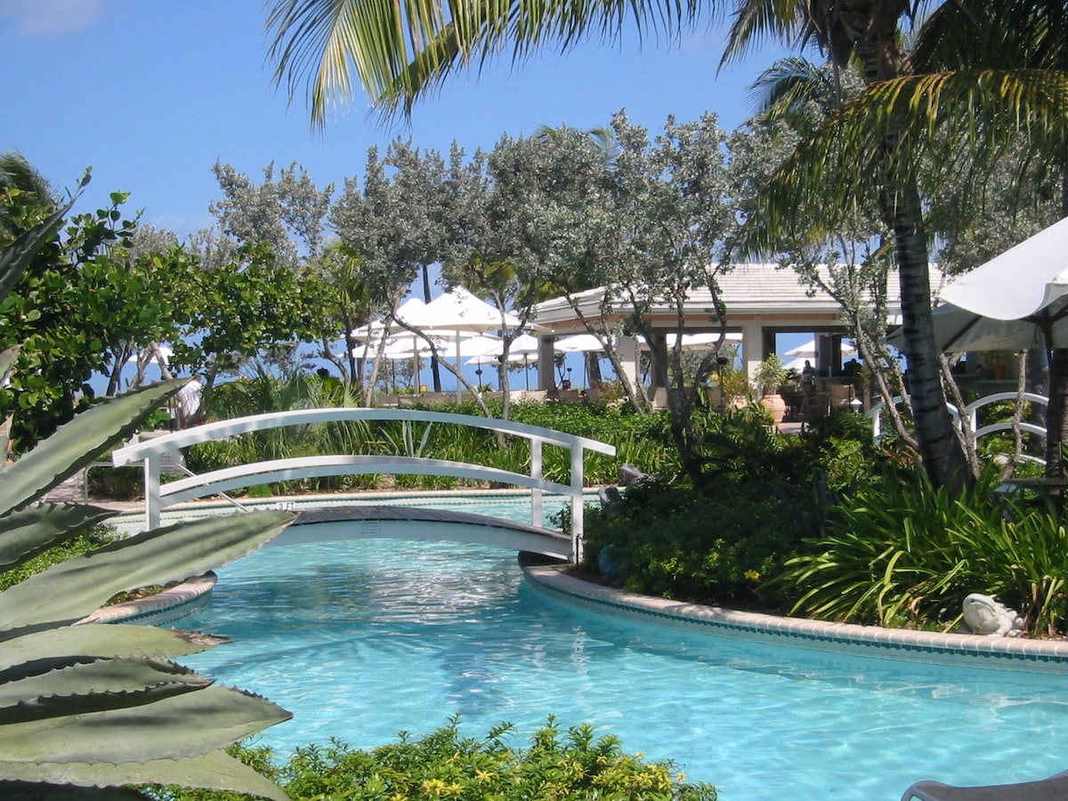 A serene pool area is surrounded by lush greenery and palm trees, with a small white bridge crossing over the water. Sun loungers are positioned under shaded umbrellas, providing a tranquil spot for relaxation.