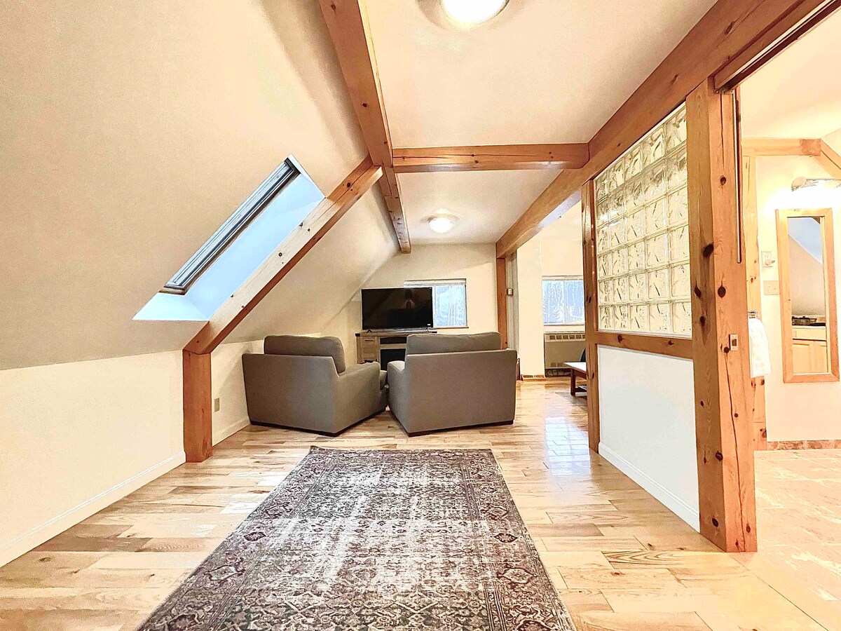 Dhomë gjumi master me krevat dopio "king", zonë ndenjjeje, oxhak elektrik dhe televizor Roku 55". 