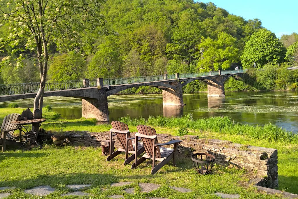 Our favorite spot in the garden overlooking the Semois and its Passerelle (passenger bridge)