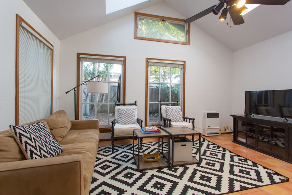 There are 4 skylights that fill the space with great natural light. Soaring ceilings and the ceiling fan make the space airy and comfortable.
