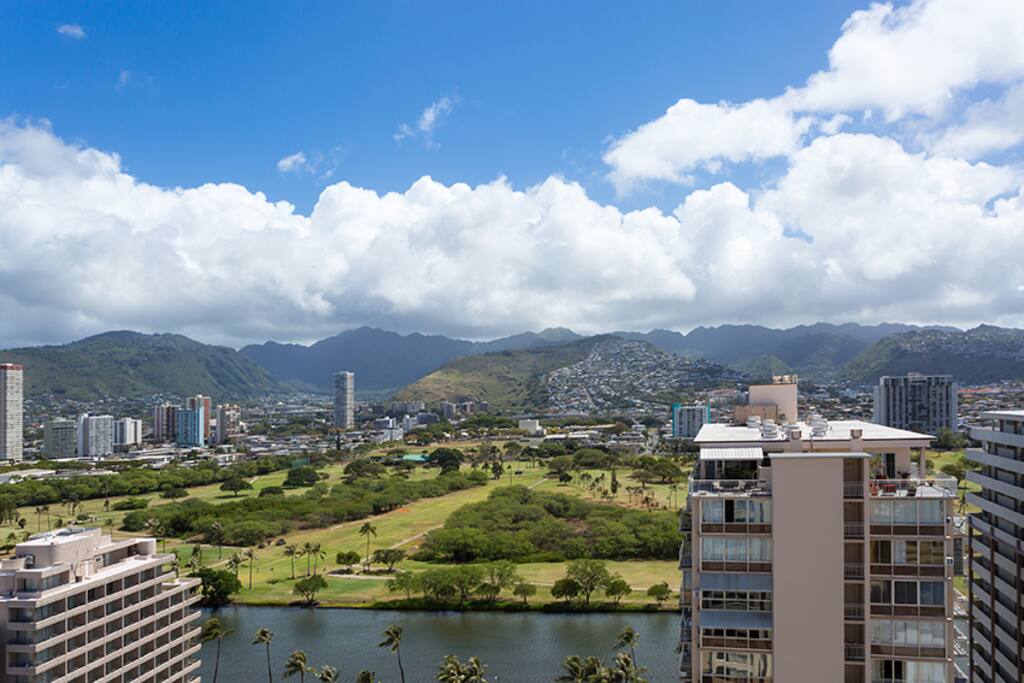 Ala Wai Canal, mountains, Manoa Valley, Tantalus...