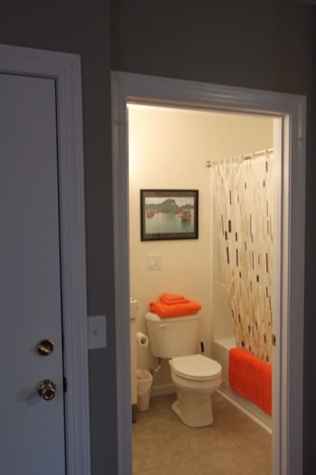 The bathroom is clean & modern. Fill size tub with shower. Lots of Hot Water!!!