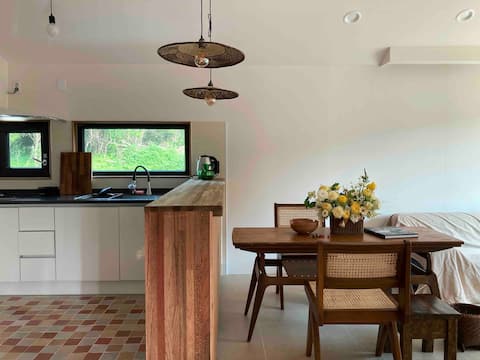 Landscape wooden house by the window
