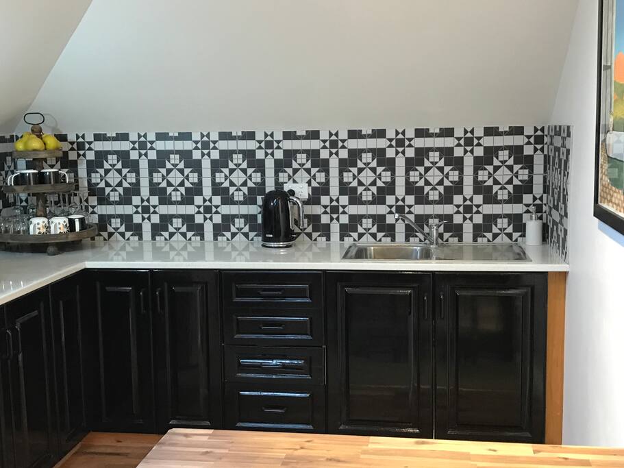 A kitchenette with everything you need - cook tops, convection microwave, fridge and freezer.