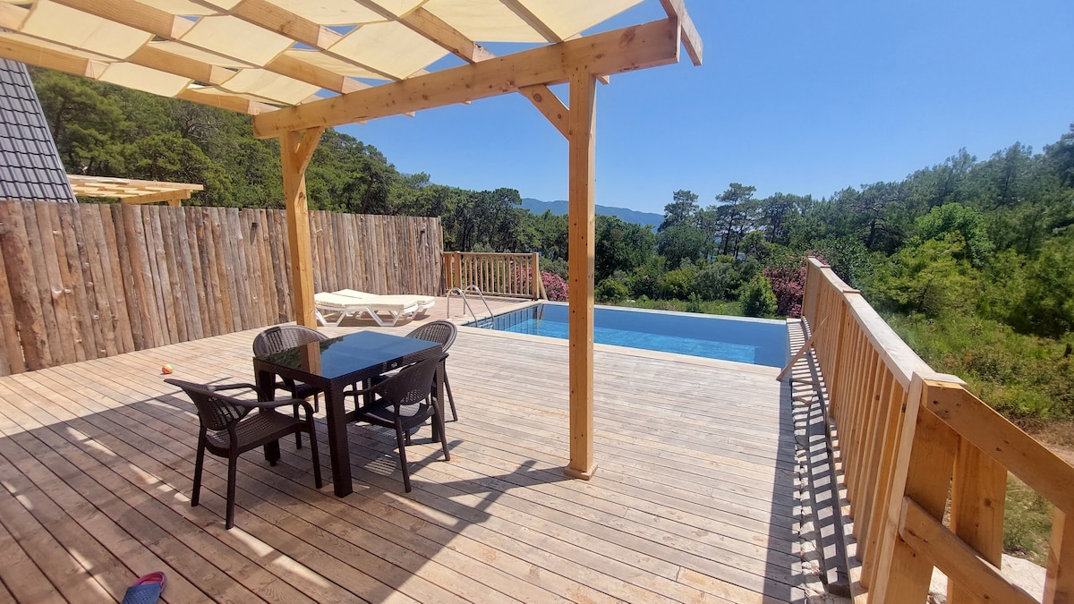 A spacious wooden terrace is highlighted, featuring a dining table and chairs under a shaded pergola. A private pool is seen beyond the deck, surrounded by greenery. Sun loungers are positioned nearby, offering a relaxing outdoor space.