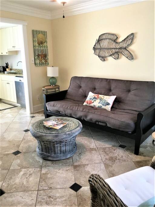 Open living room with double futon.