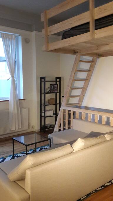 Living room with pull-out sofa and Queen-sized loft bed