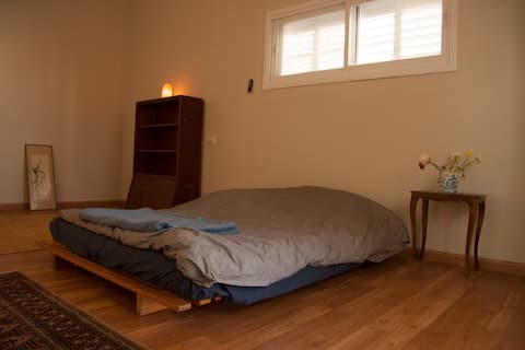 Artsy large room with a balcony