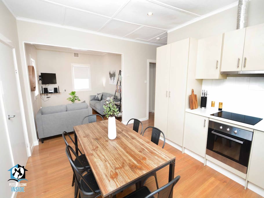 Open plan kitchen, lounge and dining.
