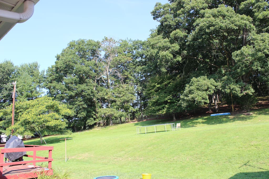 Rope Swing and trampoline for lots of outdoor fun. Picnic table and smoker and charcoal BBQ. Also, a fire pit is located just to the right of this picture at the top of the hill.