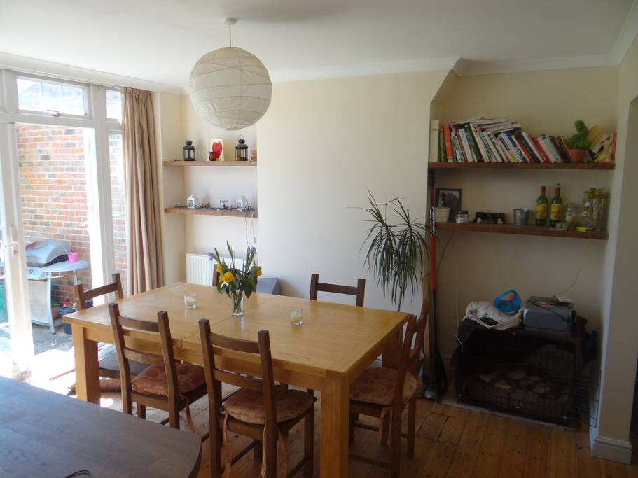 Large oak dining table which can extend to seat 8 comfortably (not extended in this picture)