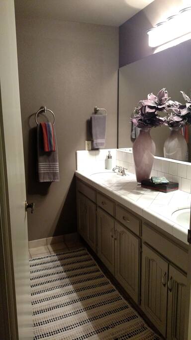 Bath with double sinks, shower and railing