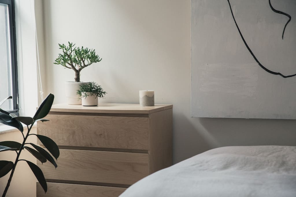 Chest of drawers available for use, along with hanging space.