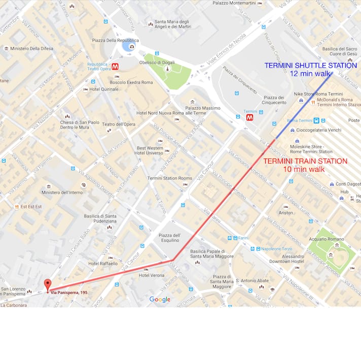 From the Airport, go to Termini station by Train or Shuttle (30 min).
Termini train station - Home : 10 min walk; Termini Shuttle station - Home : 12 min walk