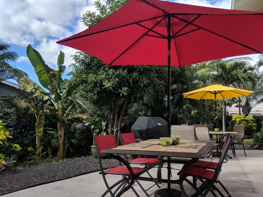 Outside your bedroom door. And yes, the grill is available for your use! A beautiful outdoor spot for meals or laptop work
