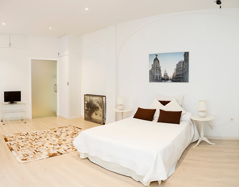 A bright sleeping area is characterized by a spacious bed with a white coverlet and dark accent pillows. A light rug enhances the floor space, while a small television and minimalist side tables are positioned nearby. A wall-mounted artwork depicts a street scene.