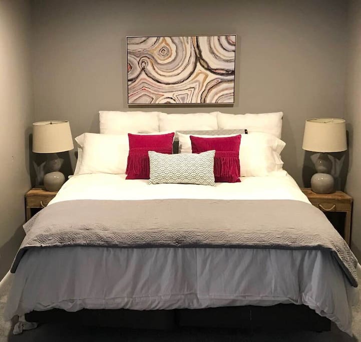 King bed with super comfy mattress and bedding