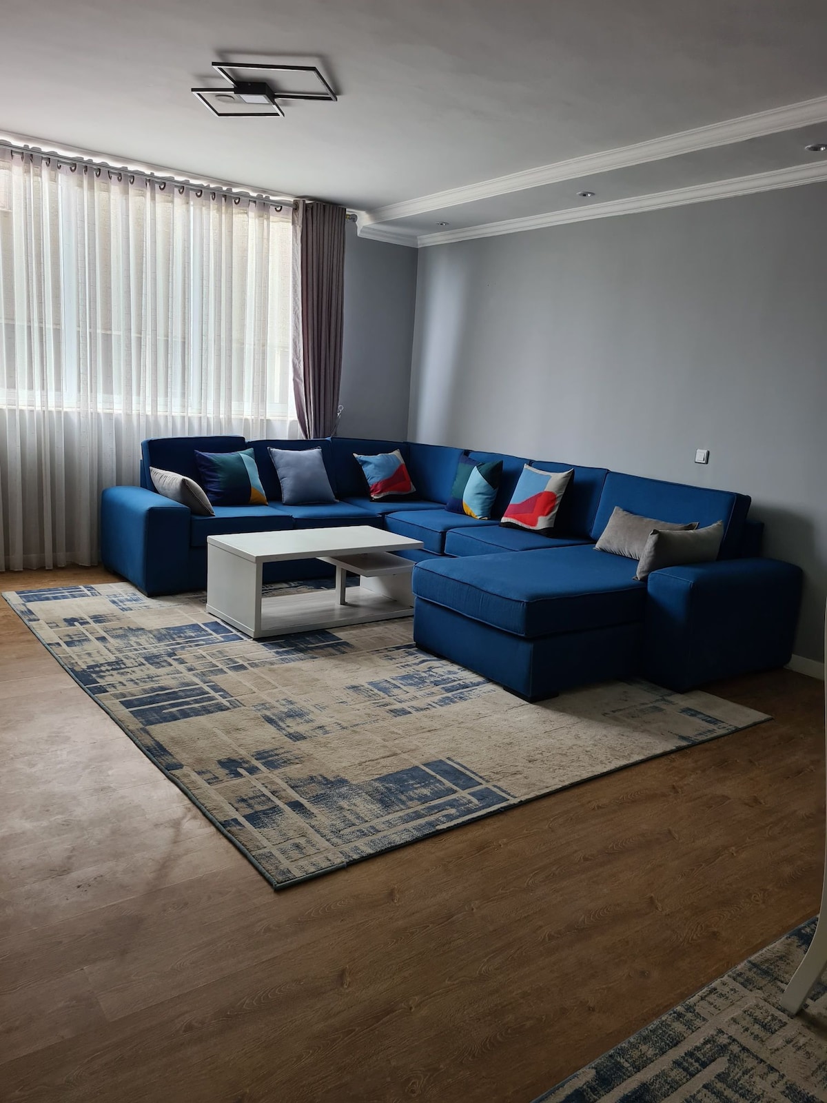 A modern living area features a corner sectional sofa with colorful accent pillows. A small white coffee table is positioned on a patterned area rug. Sunlight filters through sheer curtains, creating a bright and airy ambiance.