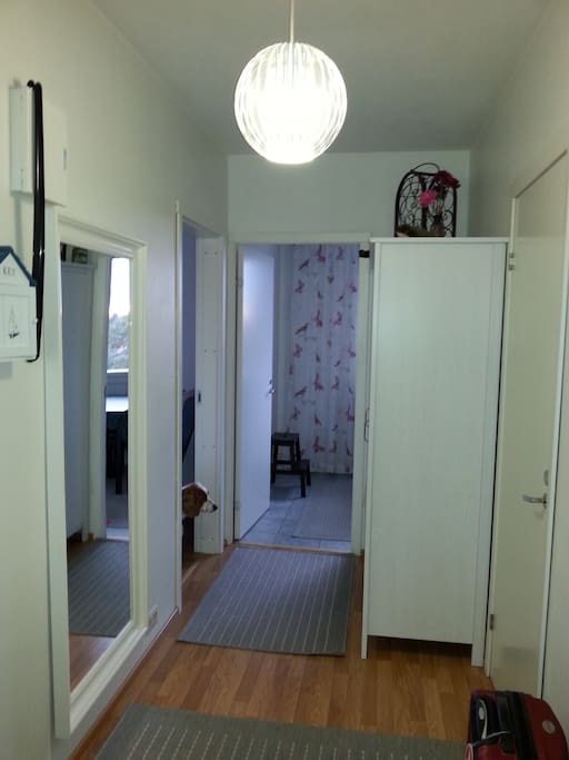Eteisestä näkymä makuuhuoneen ja keittiön ovelle