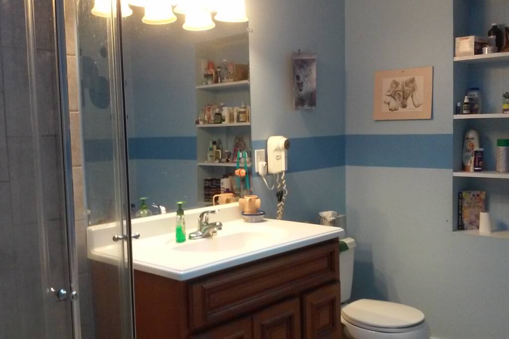 Shared bathroom with a shower and tub