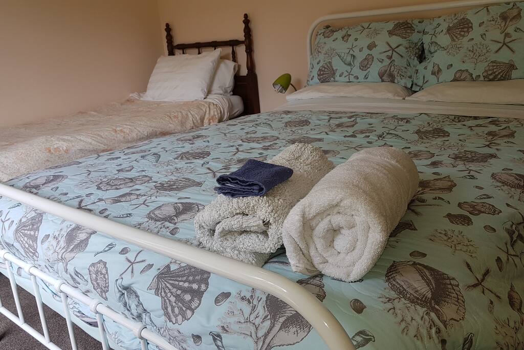 Queen size bed and single bed, perfect for three people.