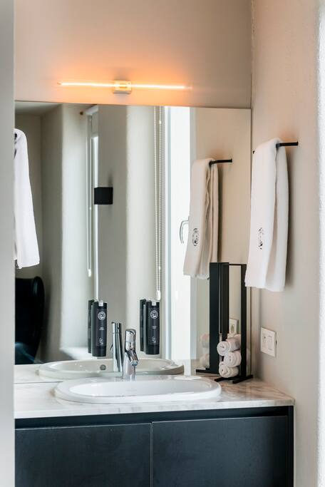 Sink with soap and body lotion and our softest towels