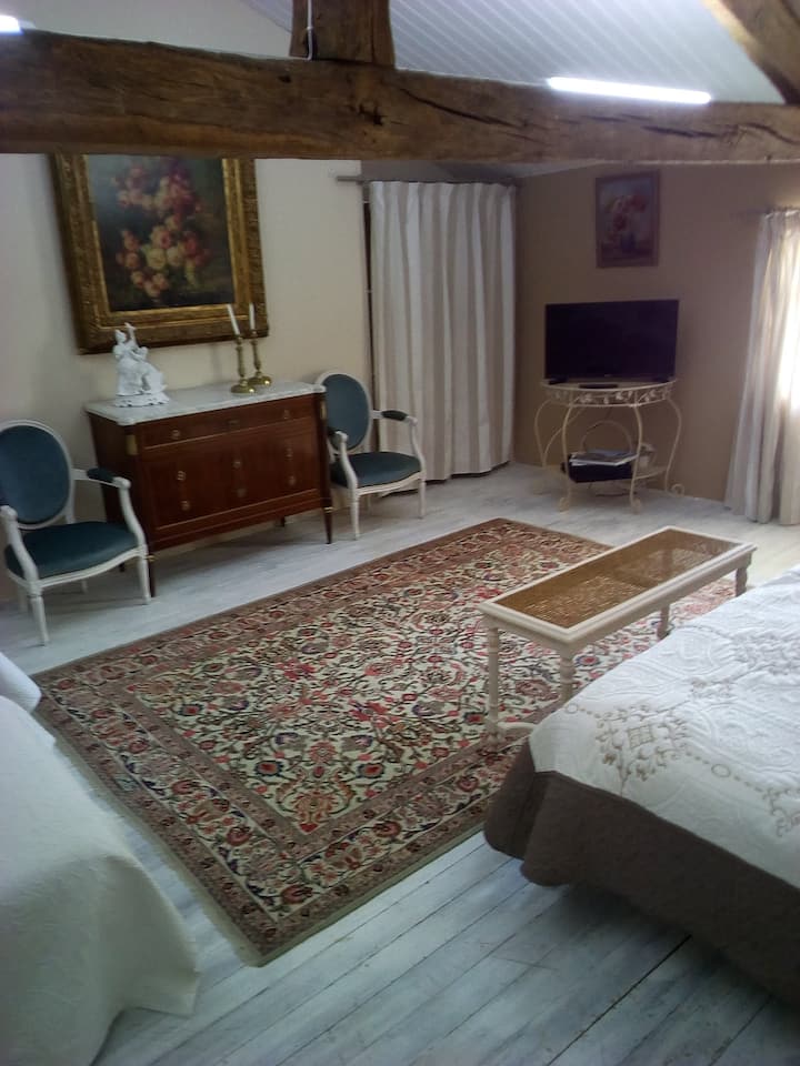 Dhoma e madhe e gjumit për 4 krevate, bukuri e modës së vjetër me trarë të bukur dhe lartësi tavani, shumë atipike dhe miqësore 