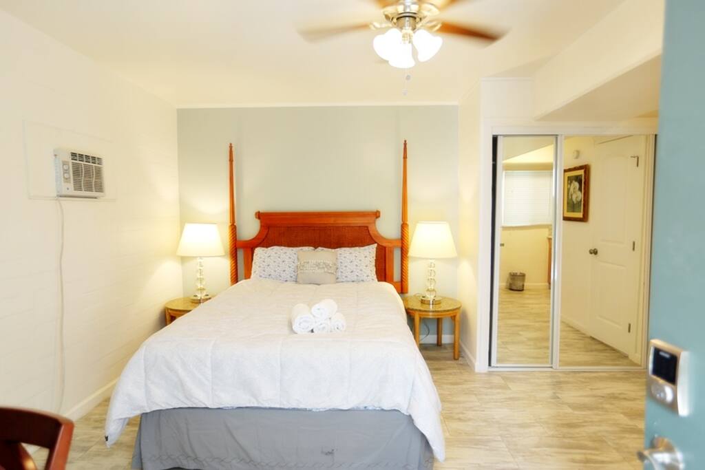 There is one King bed in the bedroom.