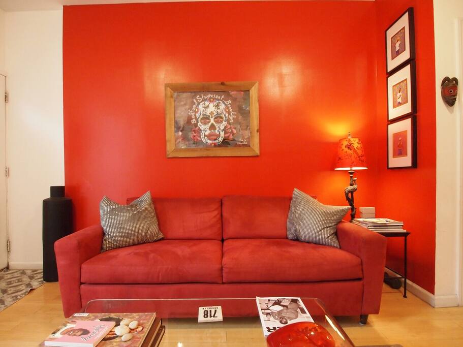 Bright art filled living room