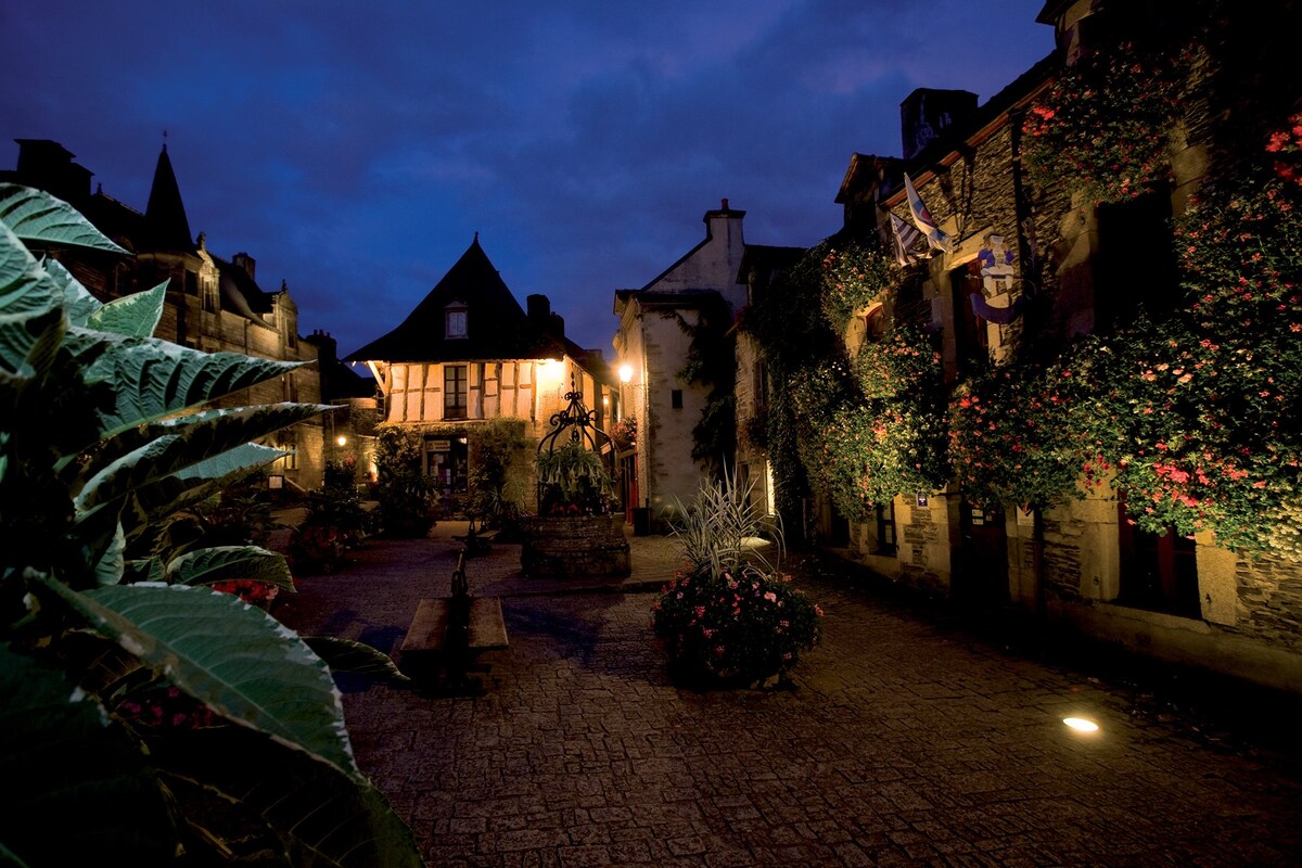 An inviting courtyard is illuminated at night, surrounded by charming stone buildings adorned with vibrant greenery and blooming flowers. A warm light casts a soft glow on the cobblestone ground, enhancing the tranquil setting. A bench sits peacefully, inviting relaxation within the picturesque environment.