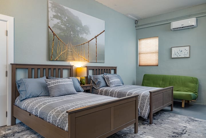 Ground floor bedroom has 2 new king-size beds replacing the full size beds... pictures coming soon. There is also a futon sofa bed that pulls out to be a full size bed (bedding/pillows are available).