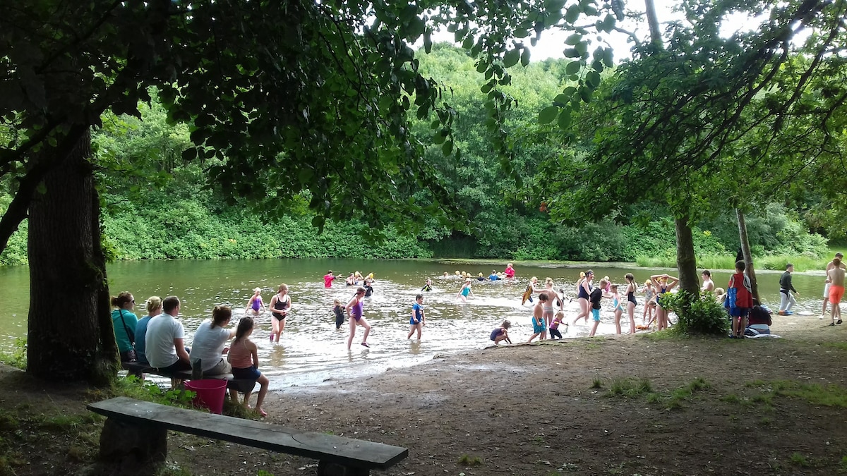 A sandy area by the river bank is shown with groups of people enjoying the water. Some individuals are wading in the shallow water, while others are seated on a bench under the shade of trees. Lush greenery surrounds the scene.