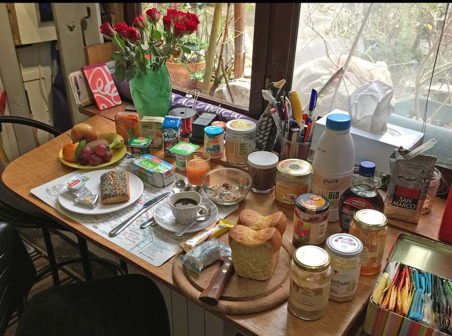 Help yourself to breakfast. I should have something, whatever your taste.