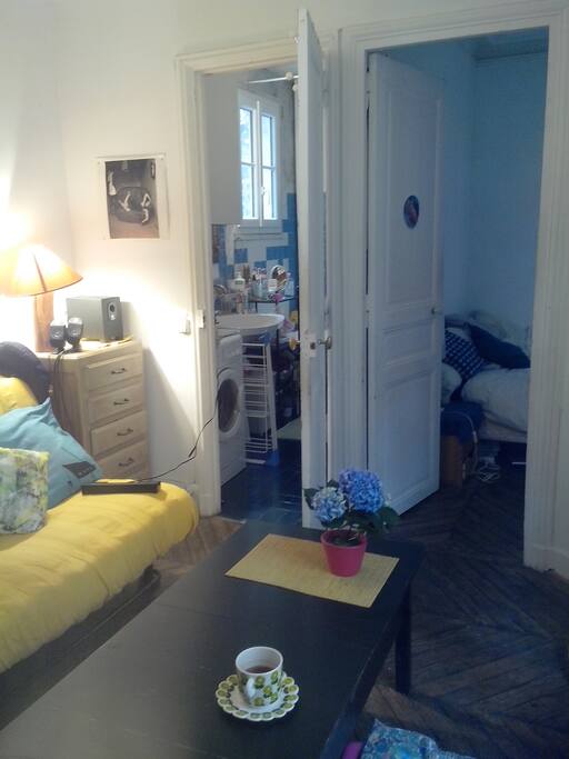 Living room with a view of the bathroom and the flatmate's room / salon avec un vue de la salle de bain et la chambre de la coloc