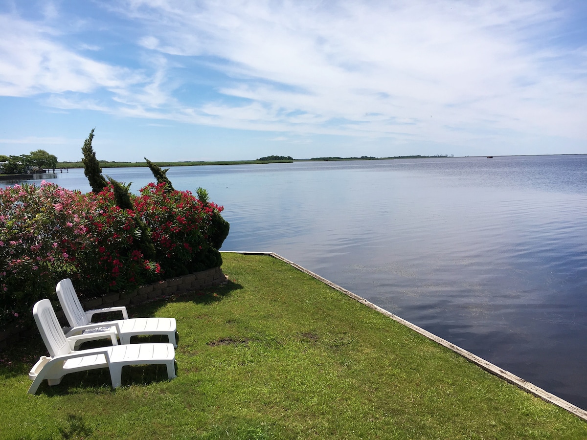 Two white lounge chairs are positioned on a grassy area by the water's edge, offering a clear view of the calm Back Bay. Lush greenery with blooming flowers frames the scene under a bright blue sky dotted with clouds.