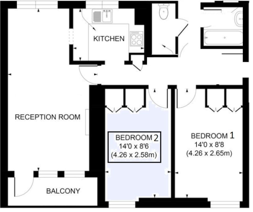 Guests will have exclusive access to bedroom 2 and shared access to bathroom, WC, kitchen and reception areas