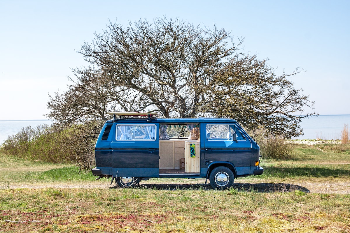 A vintage blue bus is parked on a grassy area, surrounded by a serene landscape. The vehicle features large windows, allowing ample natural light inside. A tree stands in the background, with the coastline visible beyond, creating a peaceful outdoor setting.