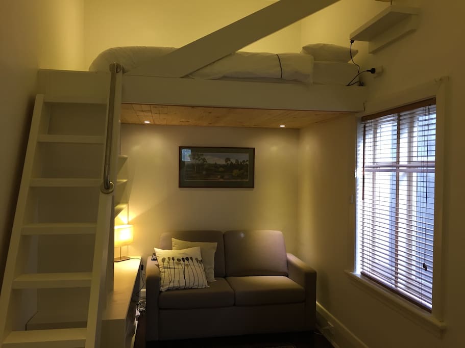 Mezzanine queen bed upstairs