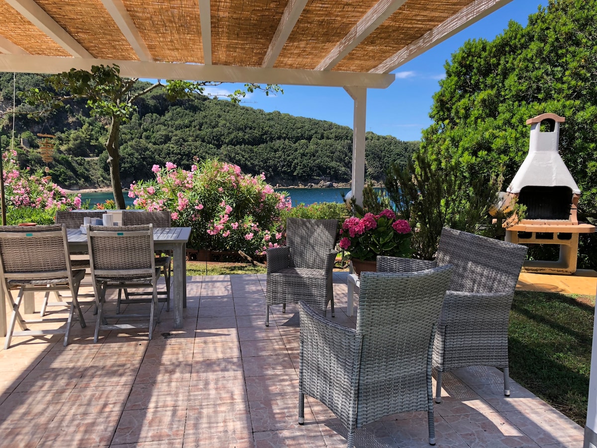 A shaded patio area features a dining table surrounded by wicker chairs and is adorned with potted flowers. A barbecue grill is located nearby. Scenic views of lush greenery and the coastline can be seen in the background.