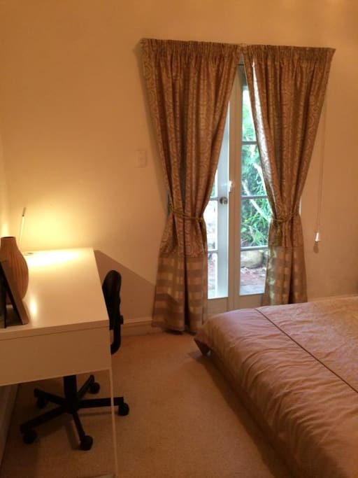 study desk , nice bed linen and window treatments (with full blockout for sleeping in ! )