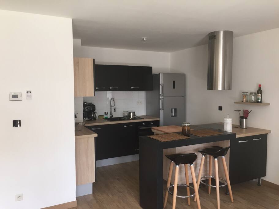 La cuisine équipée (lave vaiselle, four, frigo, plaque induction, hotte)
