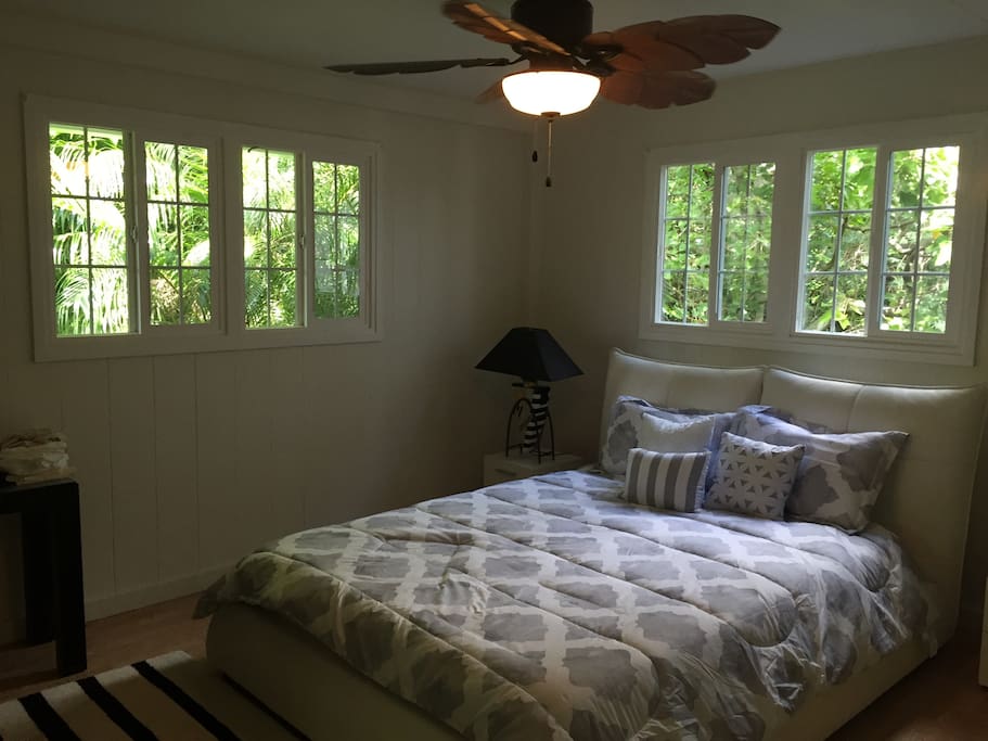 Master bedroom borders huge expanse of conservation land. has attached bathroom. Large closet, luggage rack, hangers, air conditioning in every room.