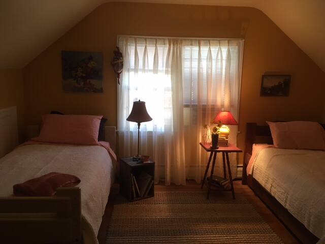 Cheerful bedroom with two twin beds