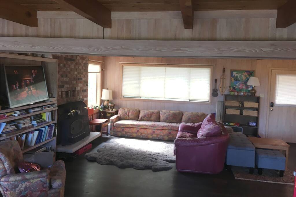 Extra-long single cushion couch. Private door to the back yard.