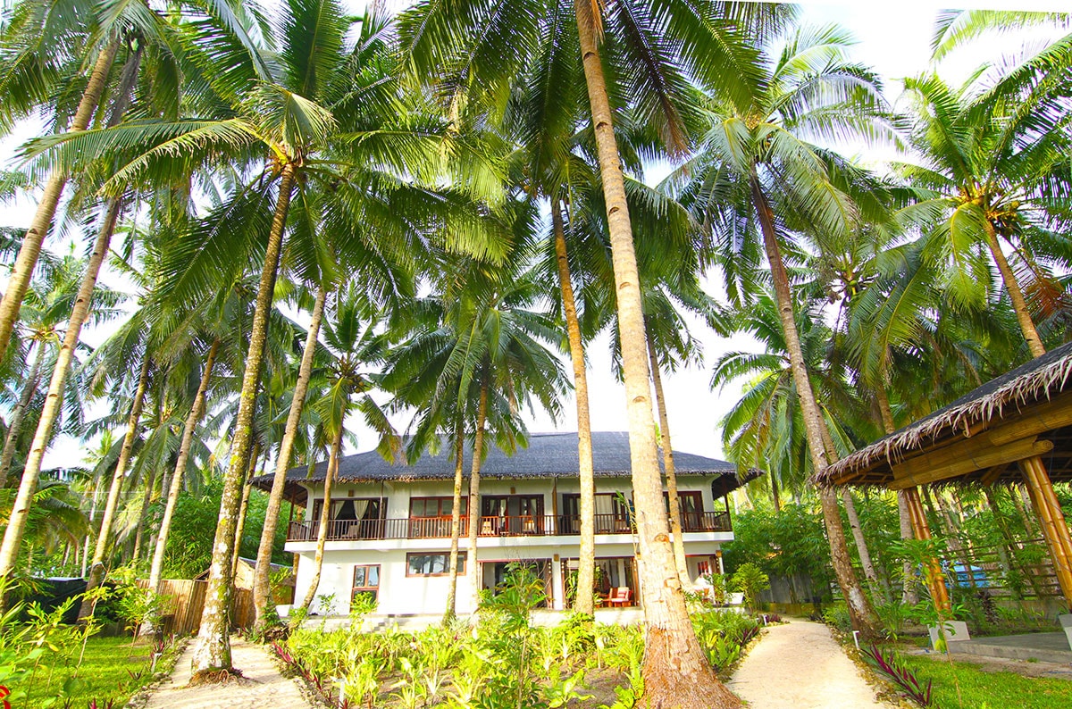 The villa is framed by tall coconut trees, showcasing an inviting two-story structure with a thatched roof. Lush greenery surrounds the building, complementing the tranquil garden pathways. The outdoor space provides a serene atmosphere, highlighted by natural light filtering through the palm leaves.