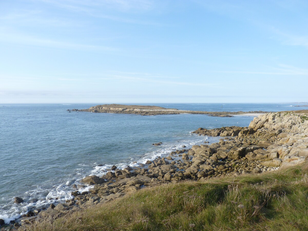 A coastal view captures a rocky shoreline meeting the calm sea under a clear blue sky. Waves gently lap against the shore, and patches of grass are visible in the foreground, while distant landforms can be seen on the horizon.