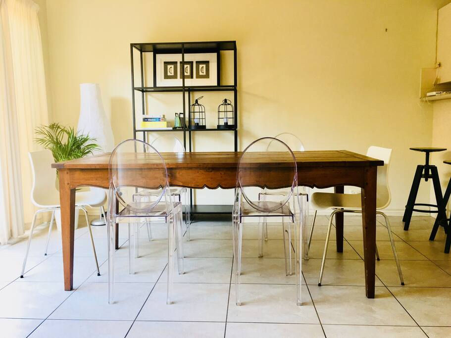Dining room comfortably seats 6 but up to eight.
