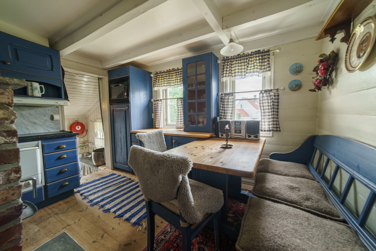 The kitchen area contains wooden cabinetry in blue, complemented by a rustic wooden table with seating. Natural light enters through the window draped with checkered curtains, highlighting the cozy atmosphere of the space. Additional appliances and decor enhance the functional design of the kitchen.